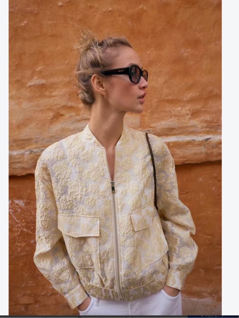 Zara Cream Textured Jacquard Bomber Jacket